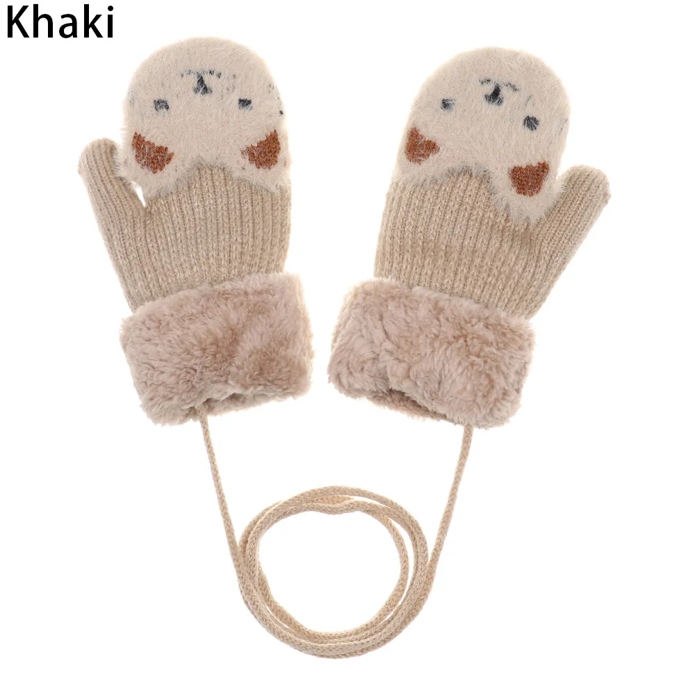 khaki Новые детские перчатки с милым медведем из мультфильма для детей возрастом от 2 до 7 лет зимние детские вязаные шерстяные варежки бархатные толстые детские теплые варежки - Color: khaki