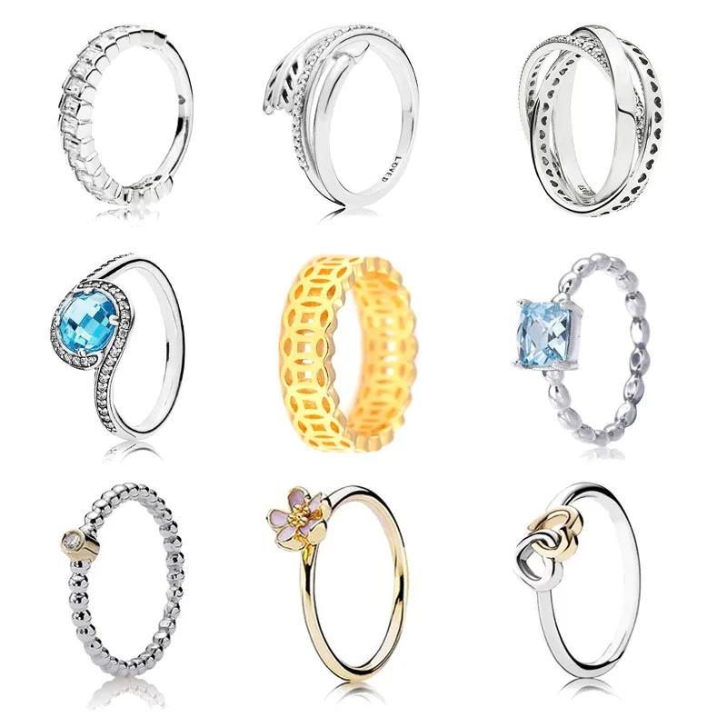 

Authentic 925 Sterling Silver Arrow Golden Coins Blue Crystals Pans Ring Original for Women Wedding DIY Europe Jewellery Gift