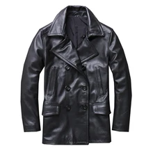 Черный мужской длинный русский повседневный кожаный пиджак двубортный Большой размер XXXXXL Натуральная Воловья кожа осеннее модное кожаное пальто