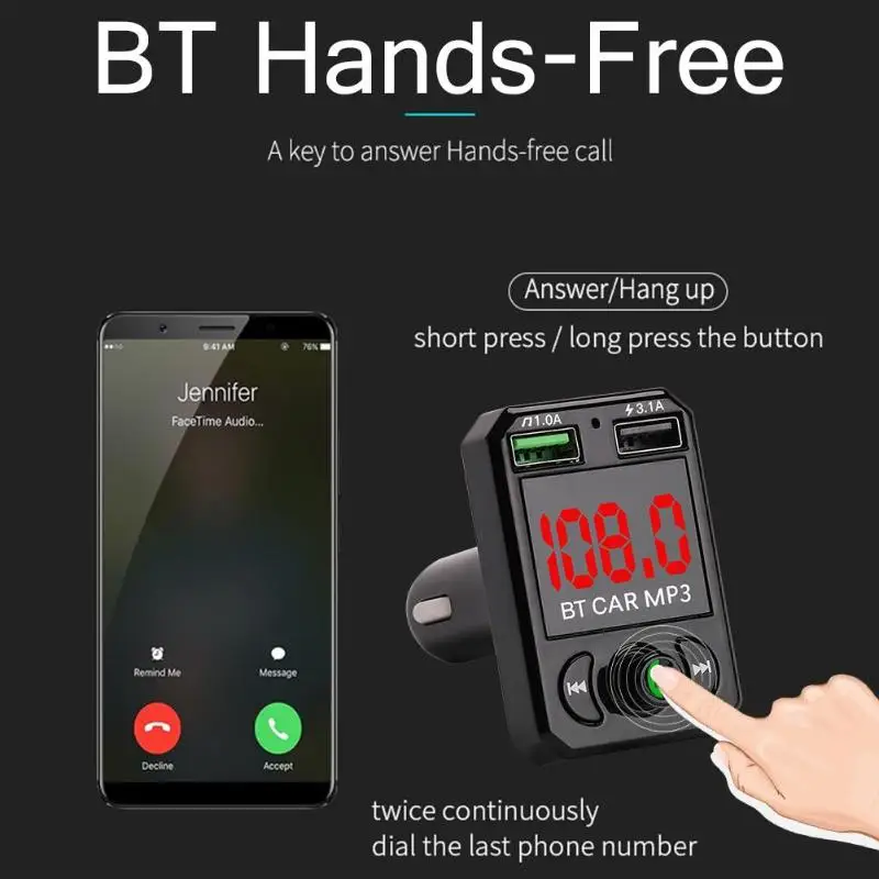 Автомобильное зарядное устройство FM USB 2,0, передатчик, громкая связь, Bluetooth, fm-передатчик, экран, отображает точки частоты, MP3 плеер, 3.1A для телефона