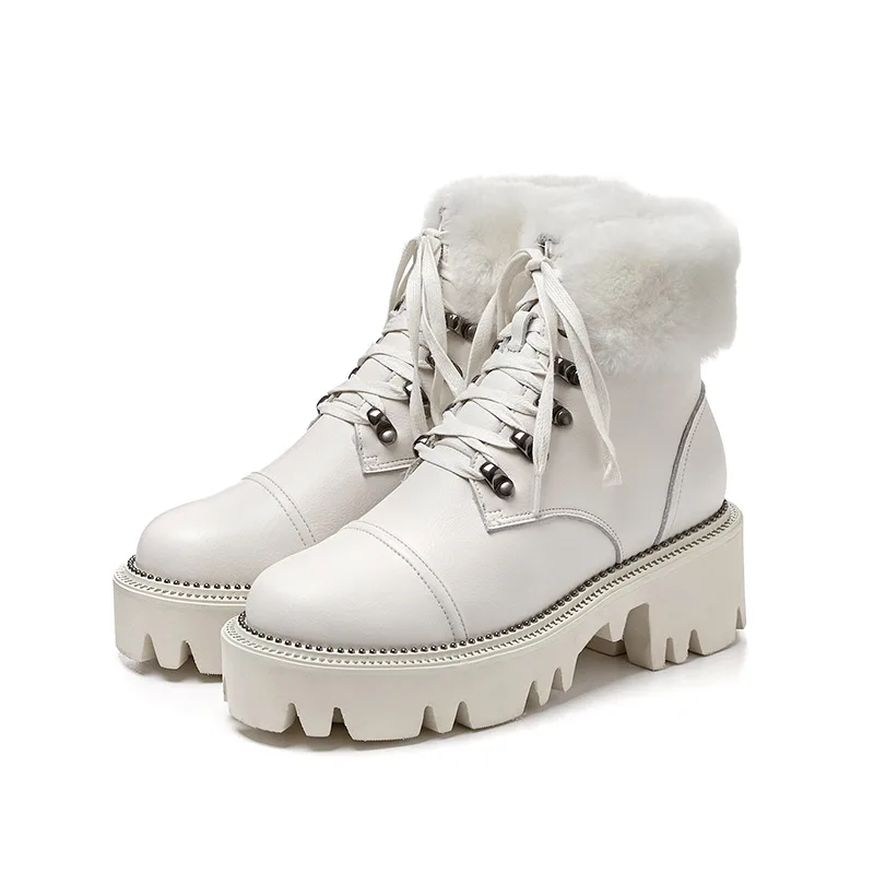White Donna-in/; зимние женские сапоги на высокой платформе; теплая женская обувь из натуральной кожи с плюшем; готические сапоги с заклепками; Botas Feminina - Цвет: White