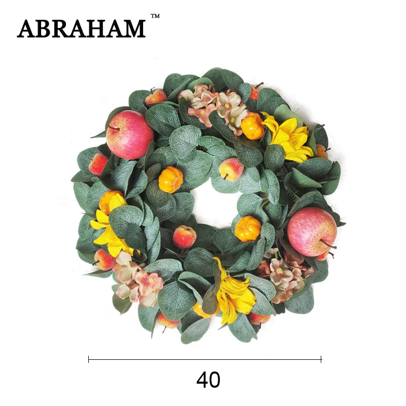 

40cm Big Pumpkin wreath Artifiical Garland Fake Lily Artificial Fruit False Apple Hanging Rattan For Home Farmhouse Wall Decor
