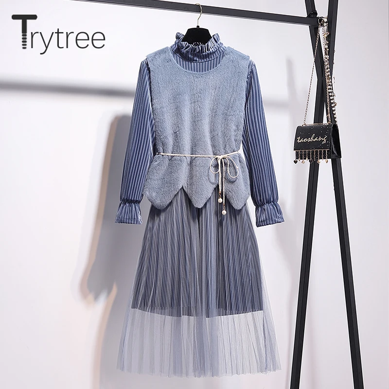 Осенне зимний комплект из двух предметов Trytree 2020 повседневная плиссированная