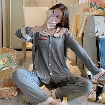 

Thin Modal Cotton Maternity Nursing Sleepwear Spring Autumn Breast Feeding Pajamas for Pregnant Women Solid ColorPregnancy Loung