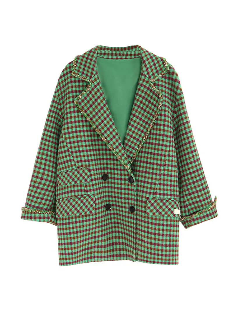 Модное клетчатое шерстяное пальто из твида, украшенное бусинами г. Осенне-зимний свободный зеленый шерстяной Блейзер женская новая верхняя одежда f2049