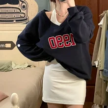 Women V-neck Sweatshirts 2021 Sexy Halter Long Sleeve Letter Print Two Piece Top Navy Autumn Chic Of The Shoulder Long T-shirt