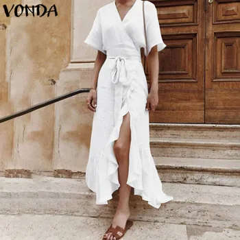 

VONDA Women Dress 2020 Summer Bohemian Sexy V Neck Split Party Maxi Long Dress Beach Holiday Vestidos Plus Size Casual Sundress