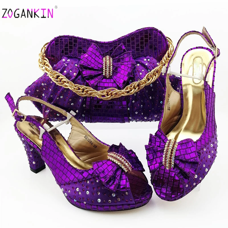 

High Quality 2019 Italian Shoes and Bag Set for Party Nigerian Women Wedding Matching Shoes and Bag to Match in Purple Color