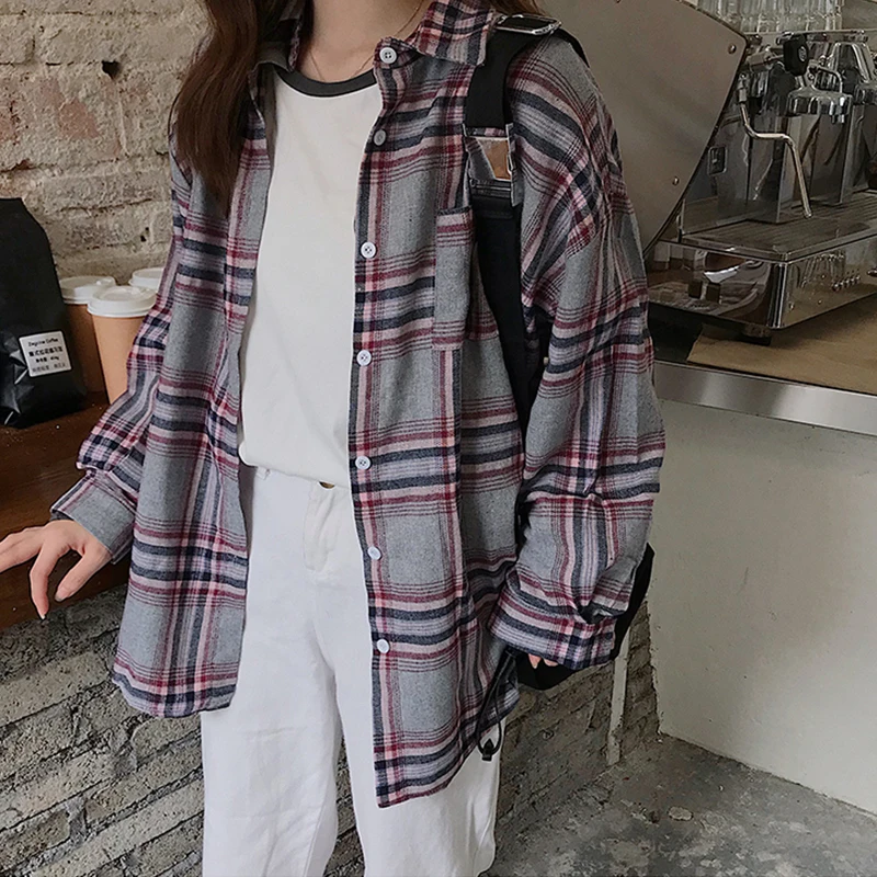 Gray Plaid Blouse Новое поступление, женская рубашка в клетку Харадзюку с рукавом летучая мышь, отложной воротник, на пуговицах, матовая блузка, Feminina Blusa T9O925F - Цвет: Gray Plaid Blouse