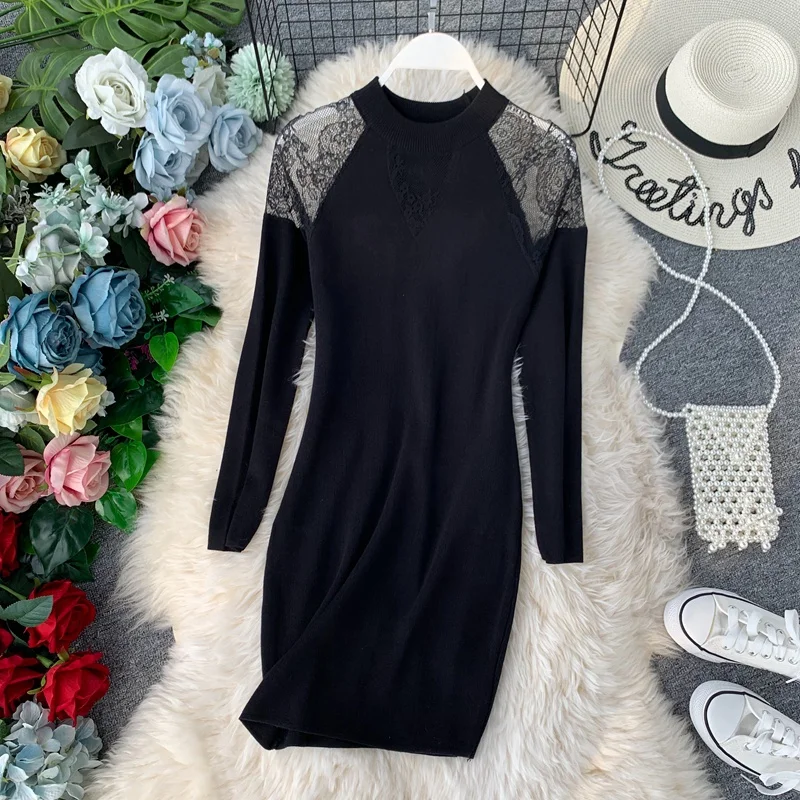 

Women Lace Stitching Long Sleeve Round Neck Stretch Slim Package Hip Knit Bottoming Autumn Winter Dress Vestidos H938