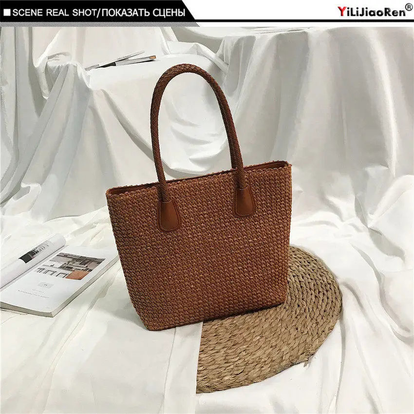 Brown2 Модная плетеная женская сумка из ротанга, летняя пляжная сумка, Большая вместительная сумка, ручная работа, вязаная соломенная сумка через плечо для женщин - Цвет: Brown2