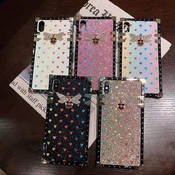 

Luxury Square Case for iPhone X XS Max XR Fashion Heart Glitter Bee Cover Phone Cases for iphone 11 PRO MAX 6 6S 7 8 Plus Coque