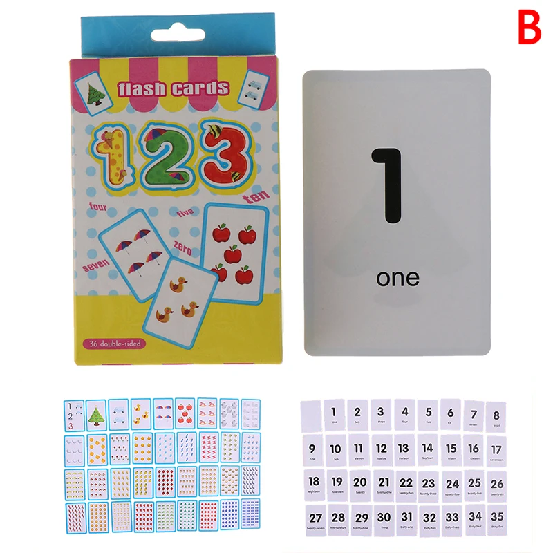 36Pcs Flash Cards Learning English Word Number Baby Literacy Educational Card W 