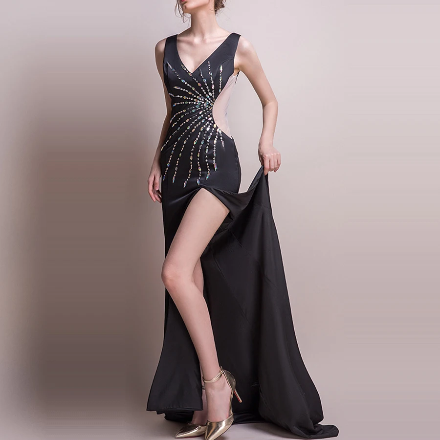 Skyyue вечернее платье Черное длинное с разрезом элегантное от платья H105 Robe De Soiree сексуальное вечернее платье с v-образным вырезом без рукавов с блестками