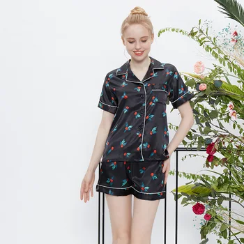 

Casual Ice Silk Womens Sleepwear Pajama Set Turn-down Collar Woman Lingeries Sleep Wear Summer Underwear Home Wear