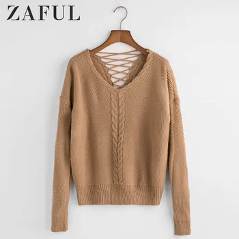 

ZAFUL Women V Neck Cable Knit Lattice Back Sweater 2019 New Drop Shoulder Ladies Tops Elastic Solid Daily Loose Pullover Sweater