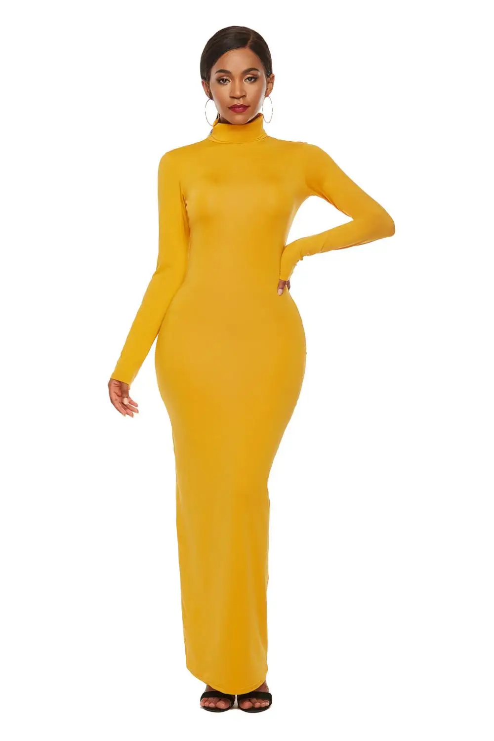 Осенне-зимнее Новое Элегантное Длинное платье с длинным рукавом и высоким воротником, однотонное Повседневное платье, облегающее желтое длинное платье больших размеров