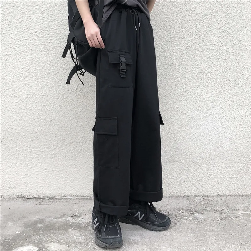 

HOUZHOU Cargo Pants Women Streetwear Straight Wide Leg Panst Korean Style Black Trousers Women Loose High Waist Pants Harajuku