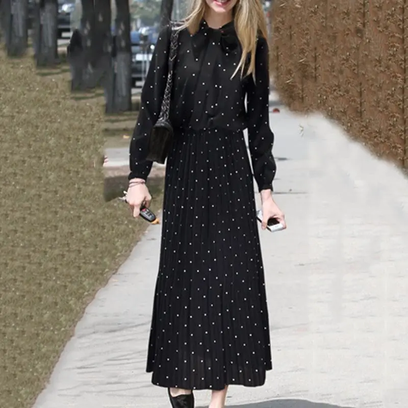 

Spring Fall Chic Women's Black Polka Dresses A-Line Bow Collar Pullover Maxi Dresses Sweet Retro Office Dresses