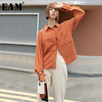 

[EAM] Loose Fit Belt Pocket Spliced Personality Jacket New Lapel Long Sleeve Women Coat Fashion Tide Spring Autumn 2020 1B167