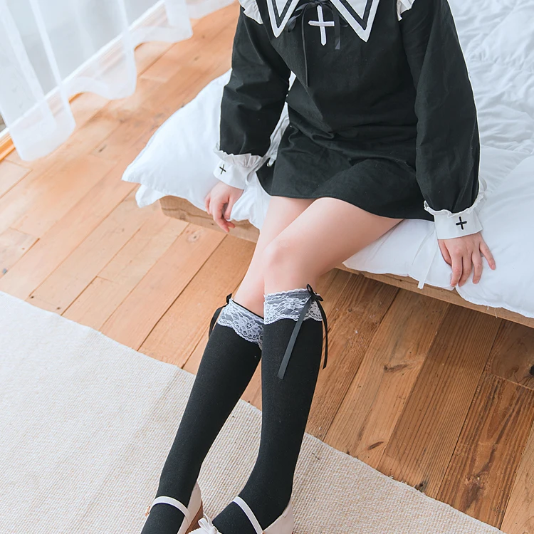 Black Милые мягкие кружевные чулки в стиле Лолиты Kawaii с бантом для девушек-подростков - Цвет: Black
