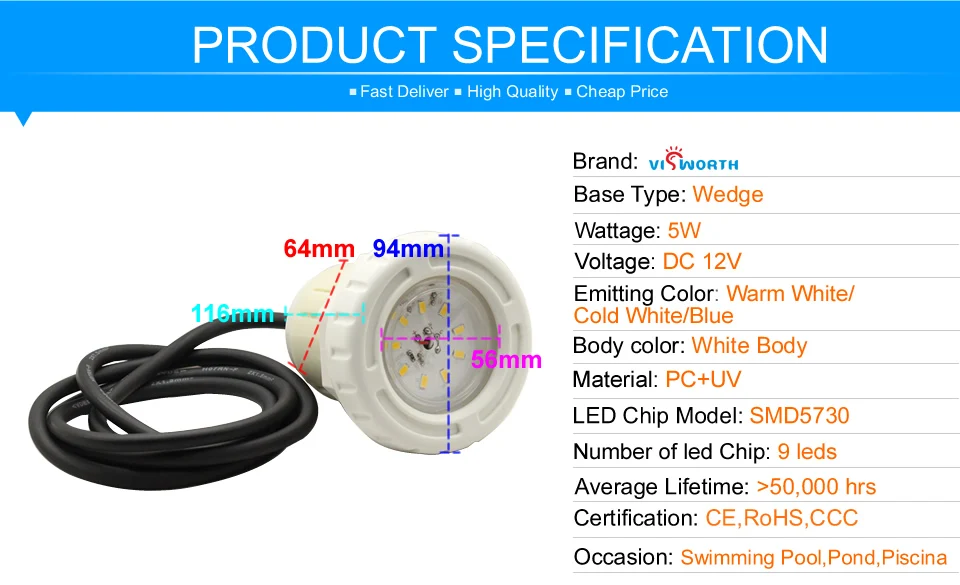 5W Piscina Luz CONDUZIDA ip68 À Prova