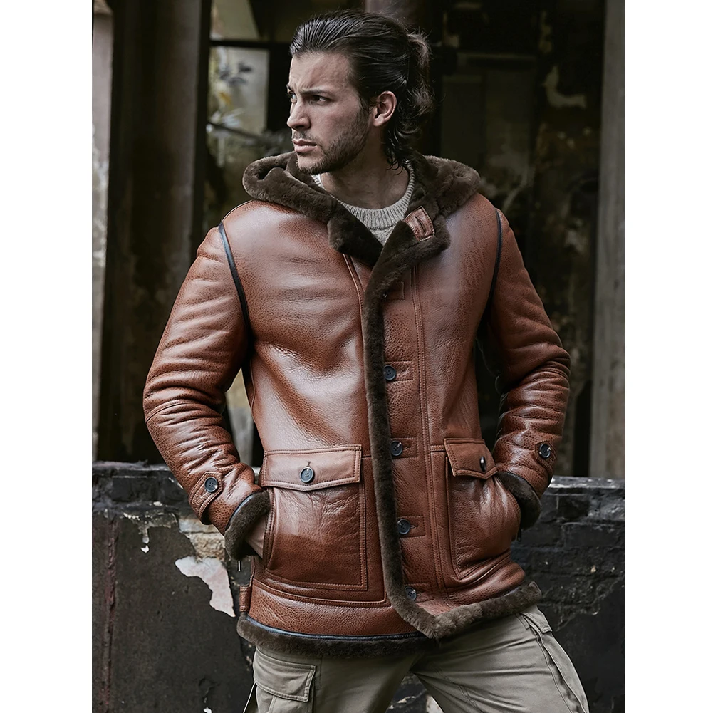 Новая мужская куртка из овчины с капюшоном Мужские кожаные куртки пальто с мехом длинное мужское зимнее пальто