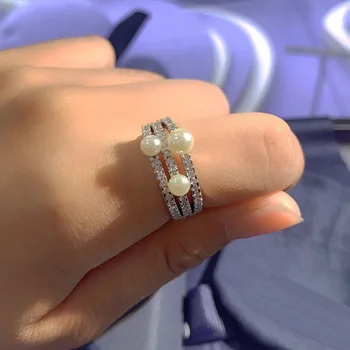 

UMGODLY High Quality Fahsion Line Ring Silver Color White Pearl Paved Cubic Zirconia Sliding Rings Women Jewelry