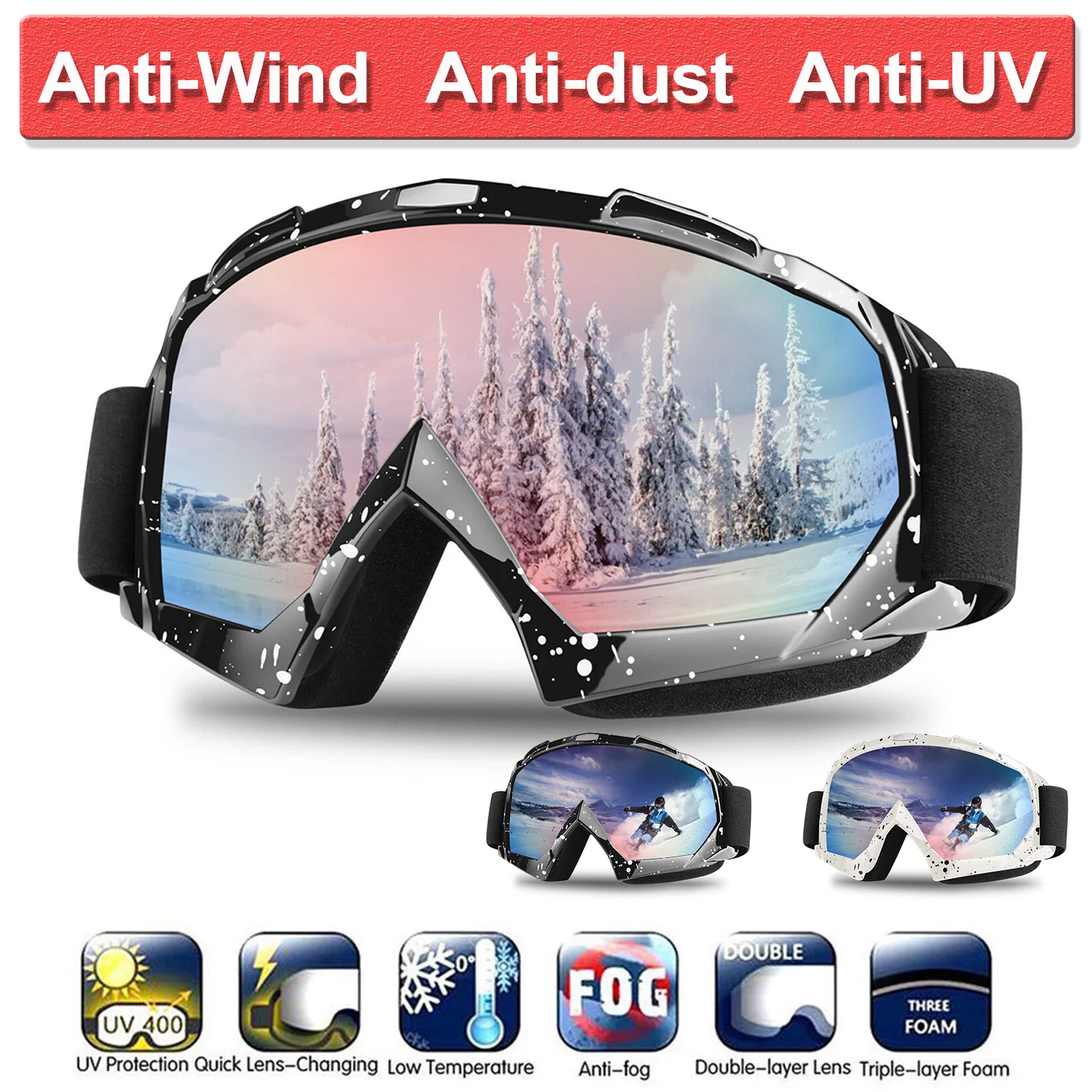 

Ski Goggles Winter Snow Sports Snowboard Goggles with Anti-fog UV Protection for Men Women Snowmobile Skiing Skating mask D30