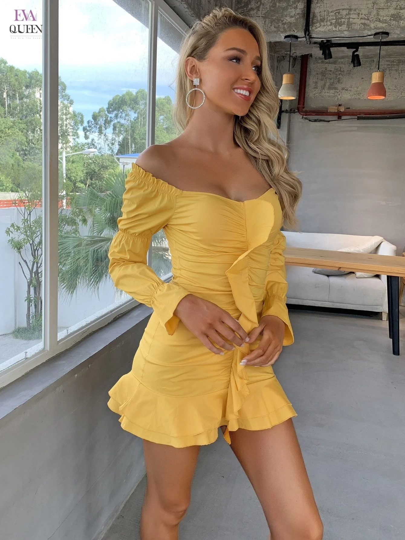 Joyfunear Off Shoulder Layered Hem Ruched Dress