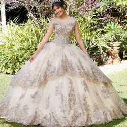 Light Blue Princess Quinceanera Dress 2021 Ball Off Shoulder Appliques Sequins Backless Sweet 16 Gown Vestidos De 15 Años