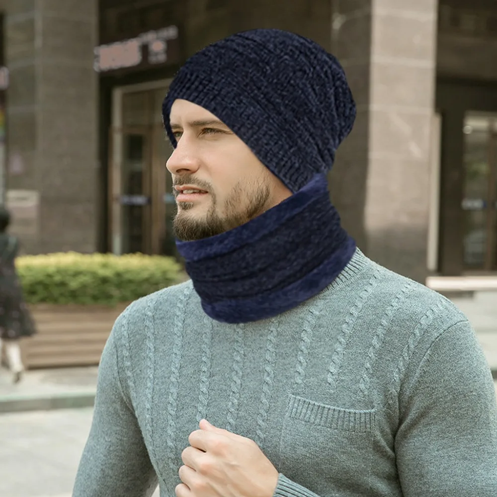 Beanies, зимняя шапка, мужская шапка, зимняя шапка, одноцветная шапка с воротником, набор, плюс бархат, толстая вязаная шапка и глушитель, шапка бини, Muts#2O21