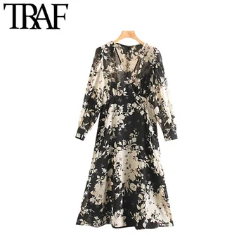 

TRAF Women Vintage Elegant Floral Print See Through Midi Dress Fashion V Neck Long Sleeve Female Dresses Vestidos Mujer