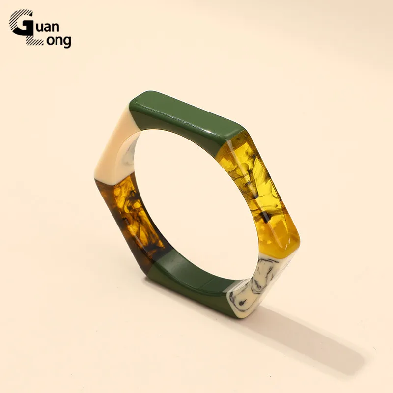 Fashion Colorful Resin Geometric Hexagon Bangles Bracelets for Women Indian Exquisite Charms Bangle Party Jewellery