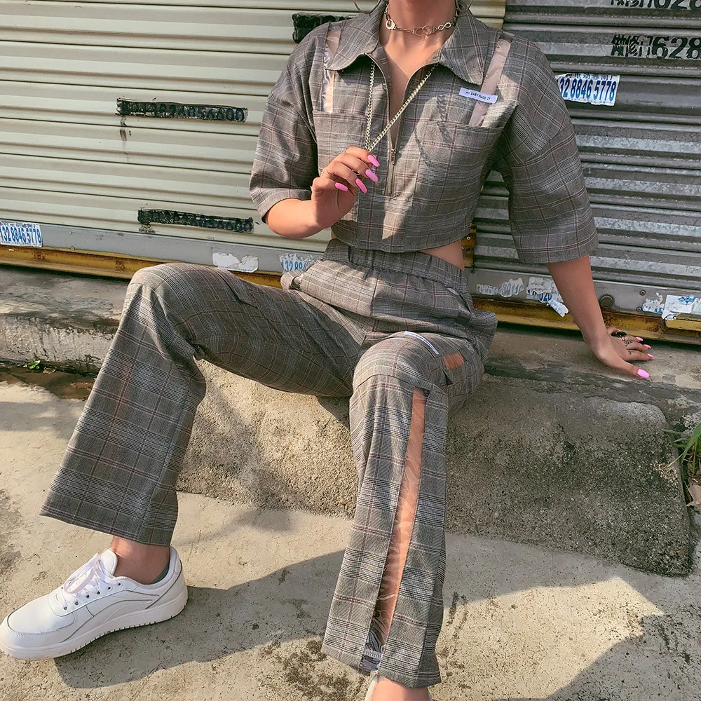 

2019 Summer and Autumn New Women's Plaid Shirt Casual Straight Pants Suit Two Piece Set Crop Top Women Zipper Top and Trousers