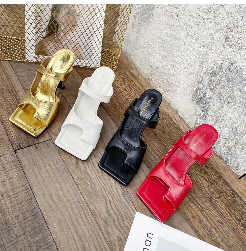 

2020 Summer New Clip Toe Slippers Shoes Woman Fashion Square Toe Female High Heel Sandals Big Size New Soft Leather Slides Shoes