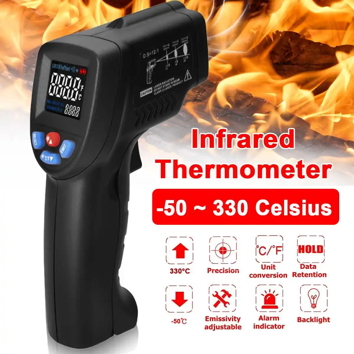 

Non-Contact Laser LCD Display IR Infrared Digital C/F Selection Temperature Thermometer IR Laser Point Guns -50~380 Celsius