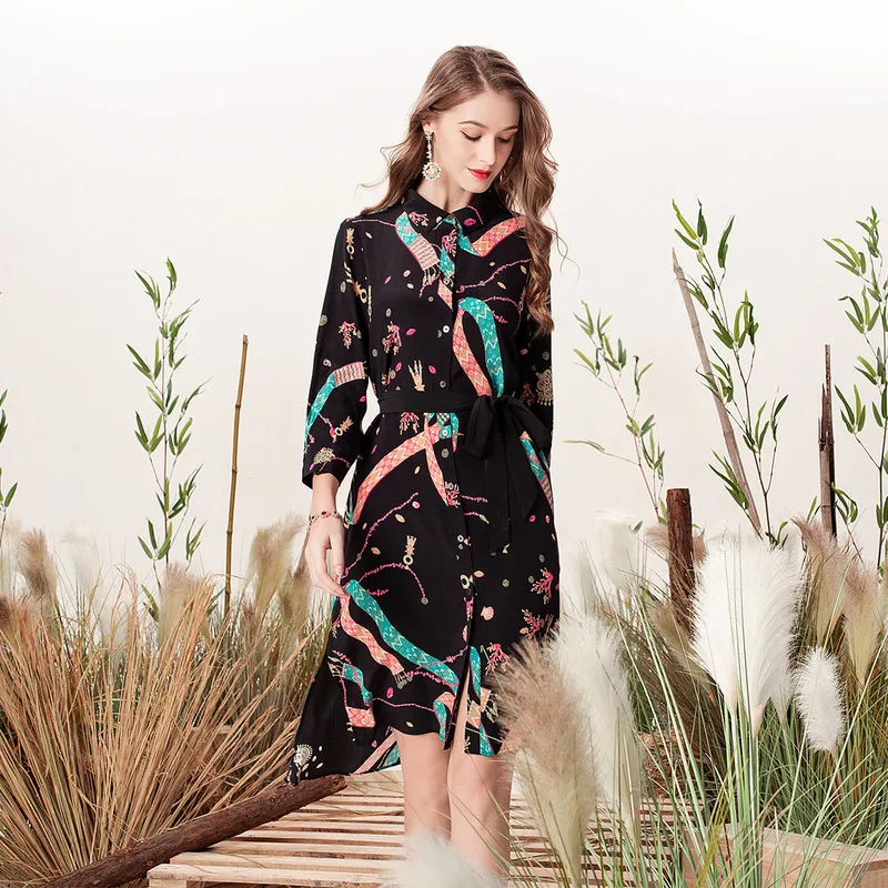 Gedrukt real zijden jurken vrouwen natuurlijke zijde 2019 hoge kwaliteit meisjes zwart golden chain bloemen werk jurk elegante plus size Gedrukt real zijden jurken vrouwen natuurlijke zijde 2019 hoge kwaliteit meisjes zwart golden chain bloemen werk jurk elegante plus size