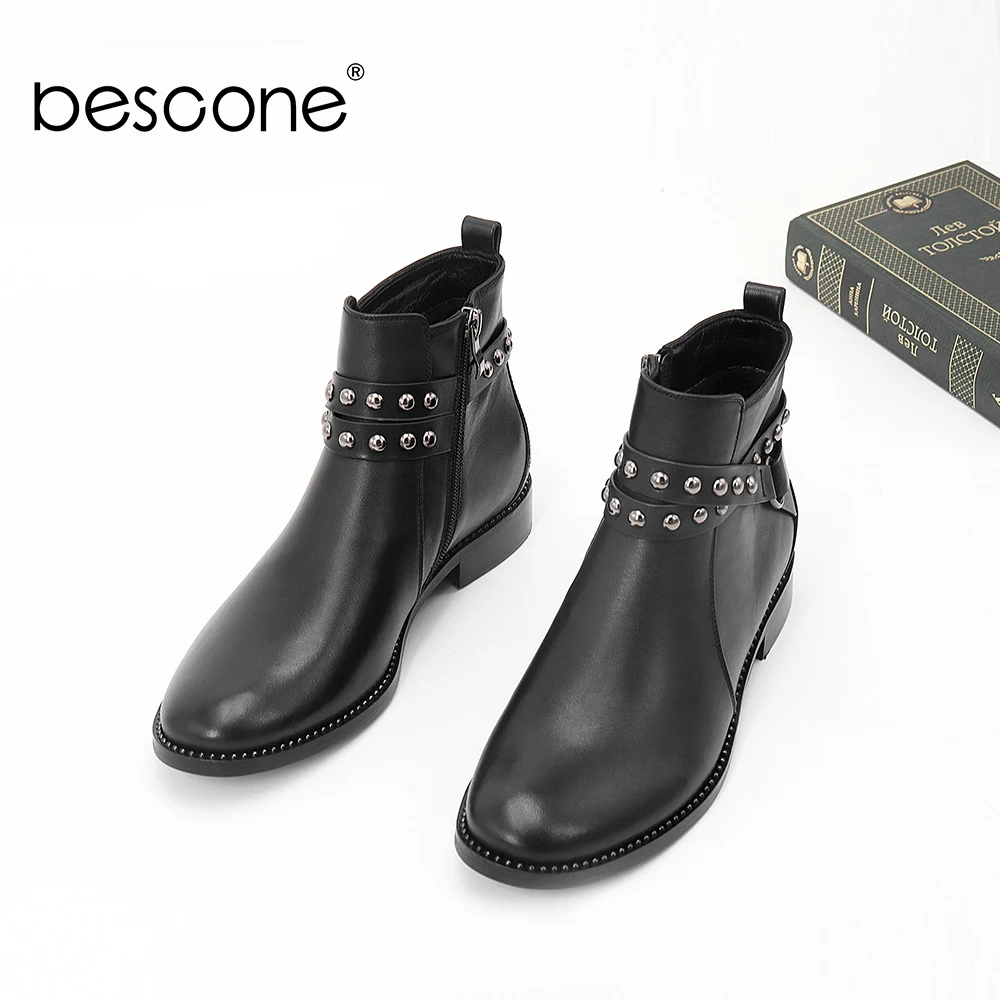 BESCONE/модные женские ботинки из овечьей кожи; стильная повседневная обувь с круглым носком и металлическими украшениями; удобные женские ботинки на квадратном каблуке; BL3