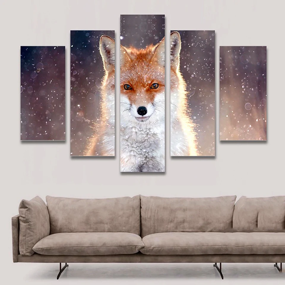 

Modern Prints Framed Wall Art 5 Panel Animal Fox Picture Home Decoration Modular Posters Living Room HD Printed Canvas Painting