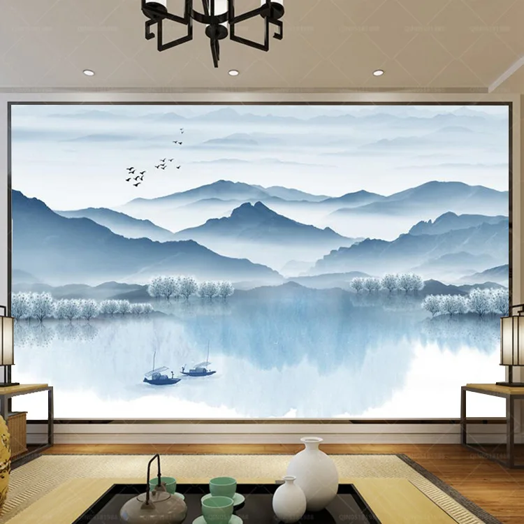 

New Chinese Style Blue Pattern Landscape Scenery Traditional Chinese Painting Living Room Sofa TV Backdrop Wallpaper Wall Painti