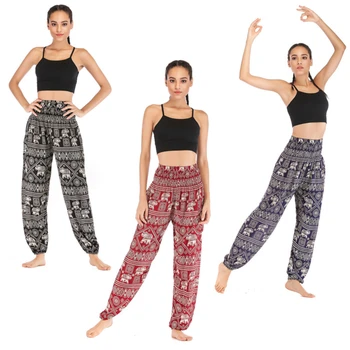 

Women Casual Thai Style Boho Loose Lantern Pants elephant design elastic waist harem pants jogger beach high waist trouser
