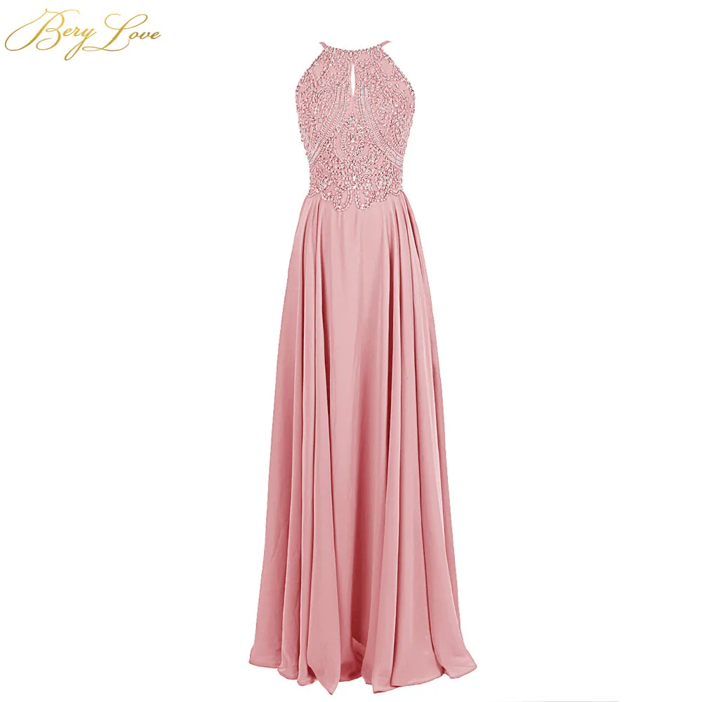 Berylove, темно-синее вечернее платье,, длинное, шифоновое, с бисером, для выпускного вечера, торжественное платье, женские вечерние платья, вечерние платья, robe de soiree - Цвет: Pink