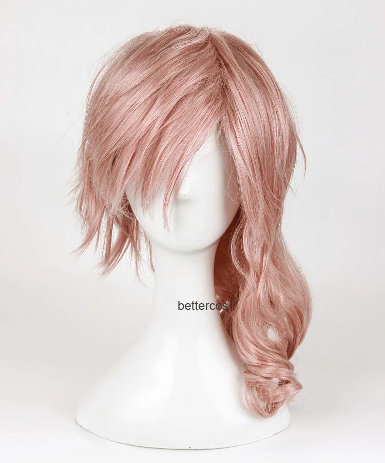 Final Fantasy FF13 Eclair Farron Lightning Cosplay Wigs Mixed Pink Long Curly Heat Resistant Synthetic Hair Wig + Cap | Тематическая