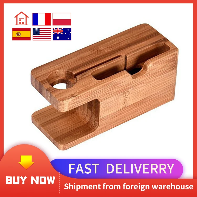 Soporte de escritorio 2 en 1 de madera de bambú auténtica para iPad, soporte de acoplamiento para tableta, cargador para iPhone, base de carga para Apple Watch