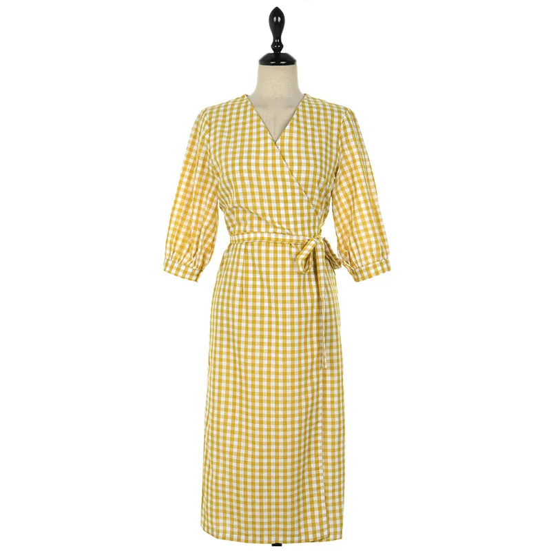 Yellow Летнее платье, корейский стиль, женское хлопковое льняное клетчатое платье с v-образным вырезом и коротким рукавом, повседневное женское платье-миди, сарафан - Color: Yellow