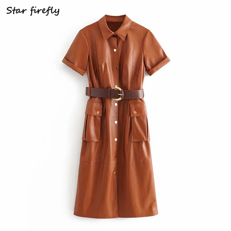 

Star firefly fashion Za dress female 2019 autumn casual short-sleeved pocket single-breasted with belt imitation leather dress