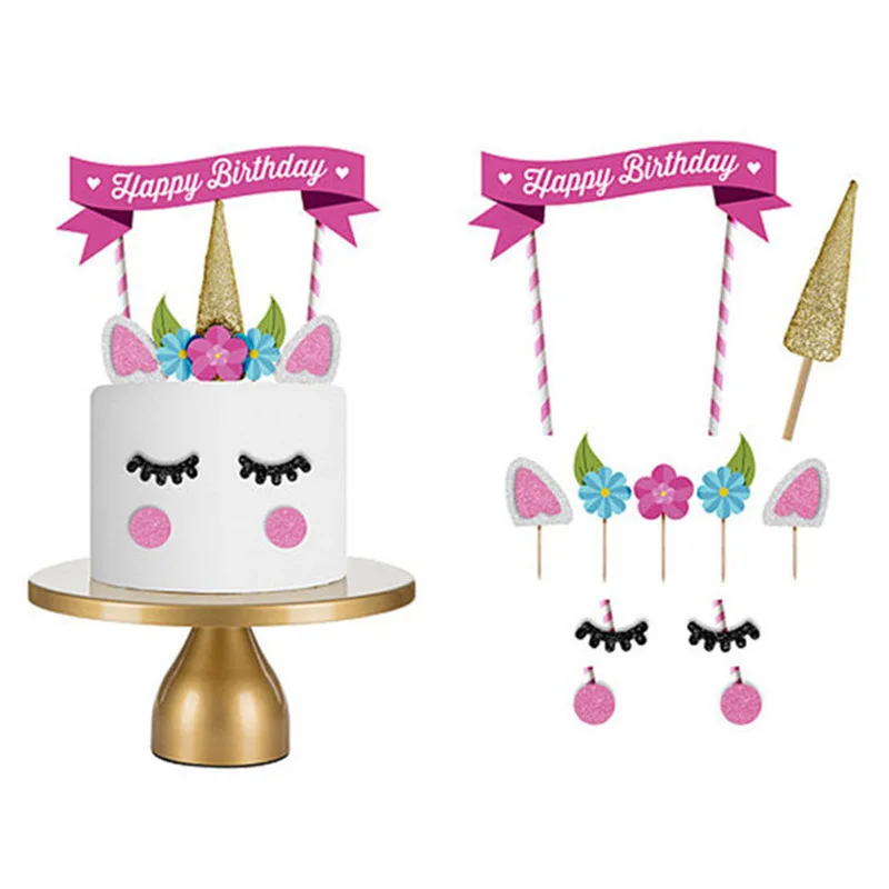 

1 Set Unicorn Cake Topper Cupcake Insert Card Party Decoration Happy Birthday Party Flag Banner Baby Children Kids Cake Toppers