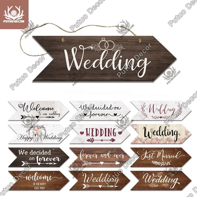 Putuo Decor Wedding Arrow Wooden Sign Wood Plaque Welcome Guide Board for Marry Wedding Scene Sweet Love Hanging Irregular Sign 1