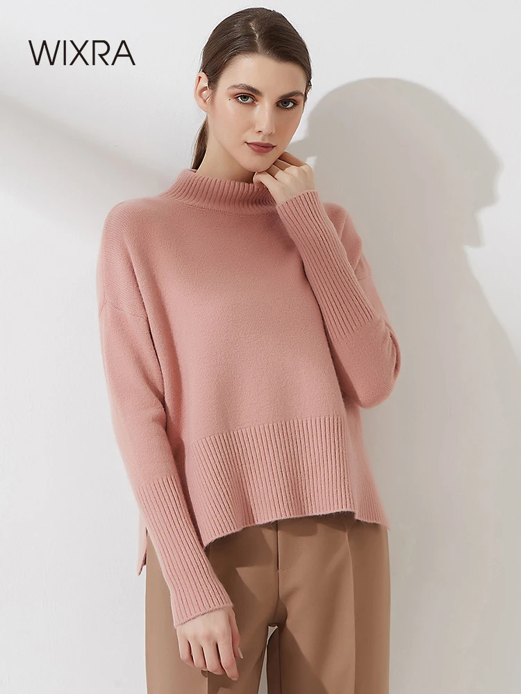

Wixra Women Mock Neck Sweater Autumn Winter New Thick Long Sleeve Split Pullover Female Basic All Match Top